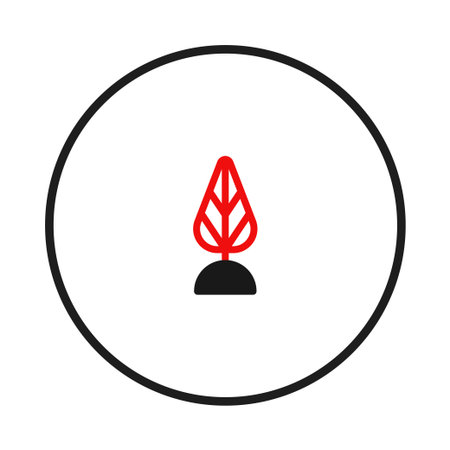 This symbolic vector showcases a minimalist design, with a red stylized leaf positioned over a dark base, all neatly enclosed within a classic black circular border adding a touch of sophisticationのイラスト素材