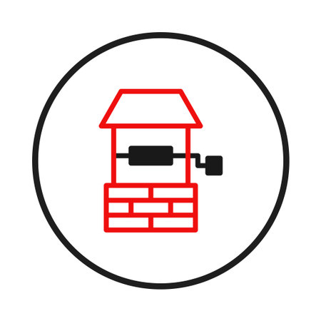 A simple and minimal illustration of a water well, featuring a red brick structure with a winding mechanism. The design utilizes clean lines and contrasting colors, creating a stylizedのイラスト素材