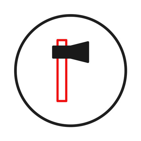 A simplistic yet striking illustration features an axe with a black blade and a red outlined handle. Encased within a black circle, this graphic design is both modern and symbolic, lending itself toのイラスト素材