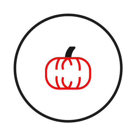A minimal, eye-catching red outline of a pumpkin inside a white circle with a black frame. This graphic could be utilized for any seasonal promotion, agricultural illustration, harvest celebration,のイラスト素材