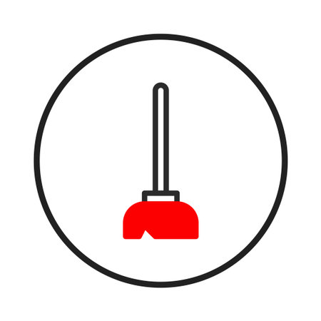 A minimalist icon of a red broom inside a circular outline. The broom represents cleaning, domesticity, and maintenance, and offers a visual shorthand for cleanliness and order. Its simple designのイラスト素材