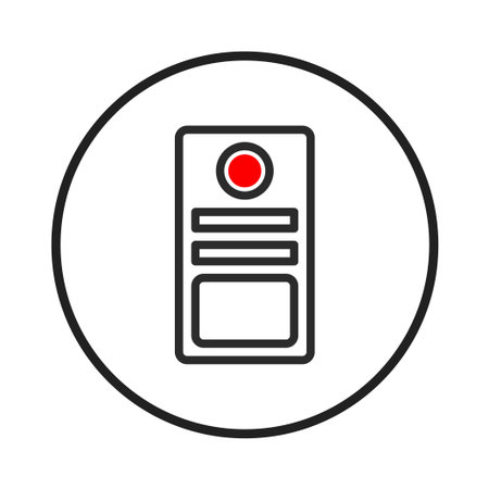 A minimalist icon featuring a stylized electronic device inside a circular frame. The design uses a clean black outline with a red circular element emphasizing technological aspects and theのイラスト素材