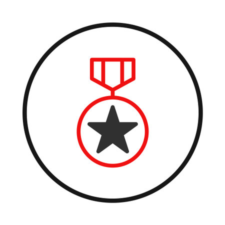 This graphic icon represents accomplishment, depicting a black star emblem encased within a circular red medal. Symbolizing honor and recognition, it captures the essence of success, making it aのイラスト素材