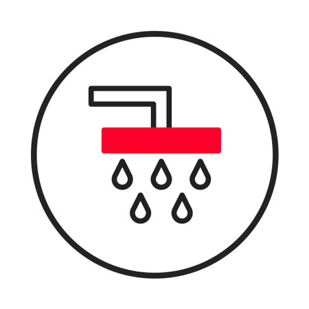 A clean and simple shower icon, ideal for promoting water conservation and sanitation in bathrooms. The design depicts water droplets and modern fixtures, suitable for health and hygiene-relatedのイラスト素材