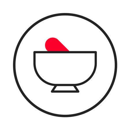 A simple yet evocative illustration of a mortar and pestle, symbolizing the art of medicine preparation. The clean lines and bright red element accentuate health, wellness, and the pharmaceuticalのイラスト素材