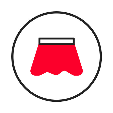 A red stylized skirt is presented inside a black circular border. The design is clean and minimalist, lending itself well to a variety of design applications. It suggests fashion, clothing or theのイラスト素材