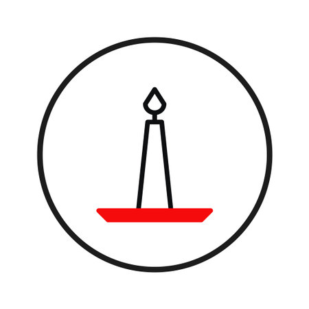 A clean and simple minimalist image showcases a candle enclosed within a circle, rendered in bold black outlines and highlighted by a red base symbolizing warmth, hope, illumination, reflection, andのイラスト素材