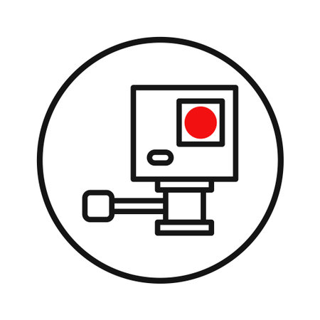 A minimalist vector icon depicts an action camera with clean lines and a prominent red record button, contained within a circular frame suitable for interface design. It represents recording andのイラスト素材