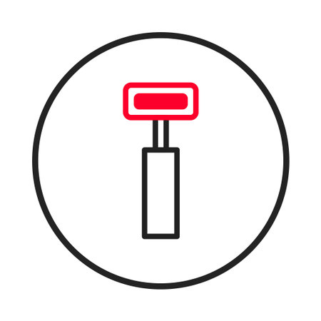 Stylized illustration presents a geometric symbol composed of rectangle and lines enclosed by black circle. The red and black elements stand out against a white, creating clean and contemporary iconのイラスト素材