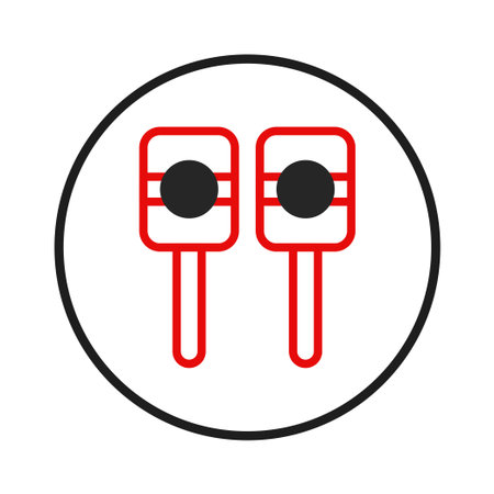 A minimalist graphic featuring two red maracas with black circular accents, presented within a clean black circular frame on a white background. Evokes feelings of joyous entertainment celebrationのイラスト素材