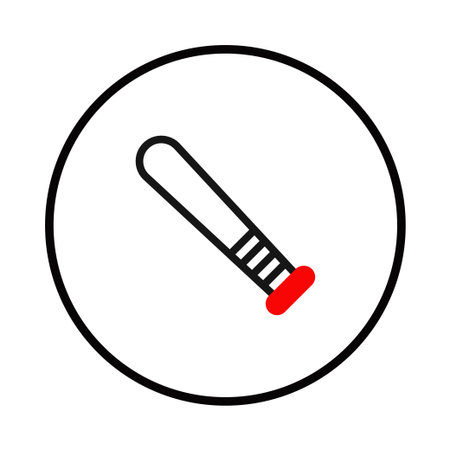 A stylized depiction of a baseball bat within a black circle, presented in a minimalist style. The bat itself is rendered in black, except for its base which has red color. The image is clean,のイラスト素材