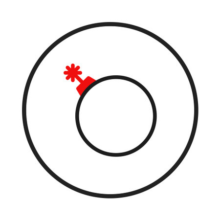 A minimalist icon showcasing a stylized bomb. The design features a black circle containing a smaller concentric circle within a white background. A red fuse resembling an asterisk, is attached toのイラスト素材