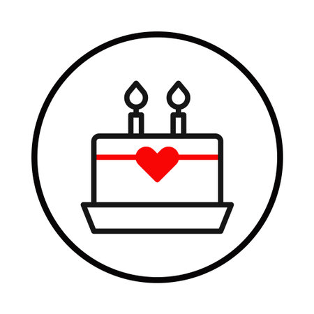 A minimalistic cake illustration features two lit candles atop a sweet pastry adorned with a bright red heart. Encapsulated within a bold circle, the simple emblem suggests themes of celebration,のイラスト素材