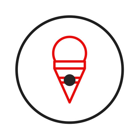 A clean and modern graphic illustration showcasing a simplified ice cream cone within a circular frame. The red outline provides contrast against the white backdrop, making it suitable forのイラスト素材