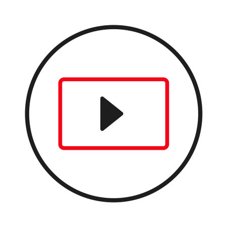 A clean and modern play button icon with a minimalist design. Red outlined rectangle containing a black triangle for a play symbol encircled in a bold black frame perfect for websites or applicationのイラスト素材