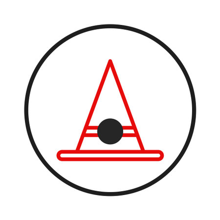 A stylized witch hat displayed inside a circle, composed of a red outline with a solid black sphere accent, set against a clean white backdrop. The illustration evokes a sense of celebration andのイラスト素材