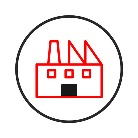 A simplified visual representation of an industrial facility or factory, depicted within a circle using clean lines and minimalist design. It conveys industrial activity or a business location withのイラスト素材