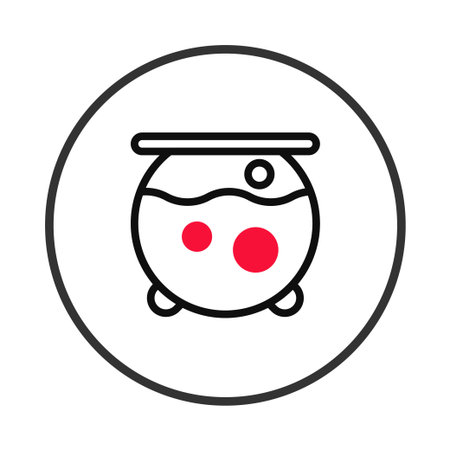 A simplified artistic representation of a cauldron filled with a bubbling potion. This graphic is minimalist and clean, showing a container in black lines with red potion elements, encompassed by aのイラスト素材