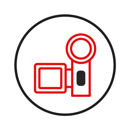 An icon showing a simplified camcorder outline encased within a dark circular border on a white background. Red lines constitute the device's form, representing media and communication technologyのイラスト素材