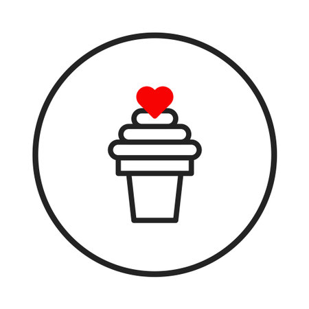 A minimalist and stylized illustration of an ice cream cone, topped with a red heart, set within a circular frame. This clean graphic design represents the love for sweets and simple pleasures,のイラスト素材