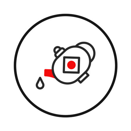 Minimalist vector illustration of a teapot inside a circle. The design features a sleek outline with red accents, creating a modern and clean aesthetic, perfect for representing tea, beverages, orのイラスト素材