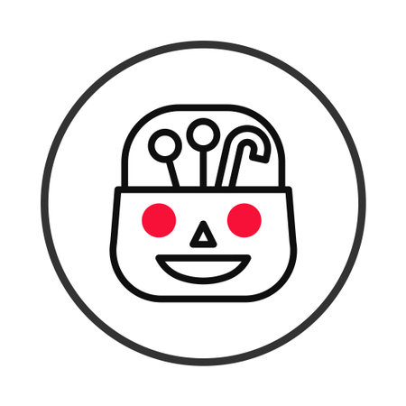 An endearing icon depicting a smiling face-shaped basket, filled with candies and lollipops. This charming illustration is ideal for festive designs, seasonal promotions, or whimsical creativeのイラスト素材