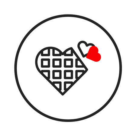 A captivating illustration features a heart-shaped waffle rendered in a linear style and accented by small vibrant red hearts. The design is confined within a simple circular outline, giving anのイラスト素材