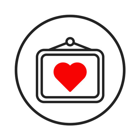 A clean and simple graphic featuring a red heart centered in a framed outline, suspended inside a black circle. Ideal for representing love, affection, or a heartfelt message in various designのイラスト素材