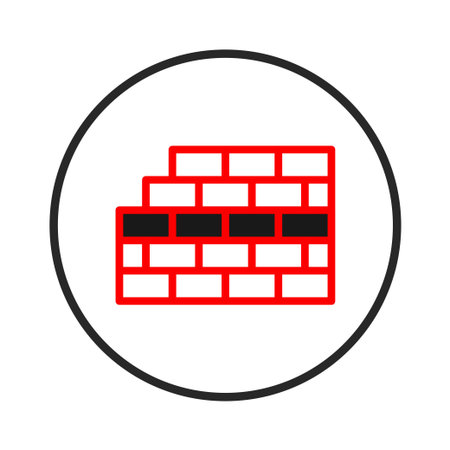 A stylized red outlined brick wall icon shows a robust building foundation enclosed within a black circular border. Representing architectural designs, strength, resilience and the stable nature ofのイラスト素材