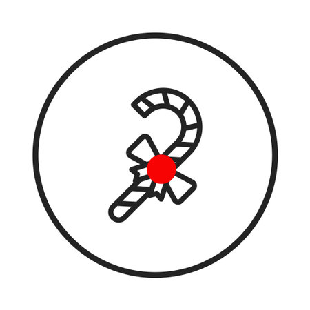 A simplistic graphic representation features a black and white striped candy cane adorned with a vibrant red bow. Encapsulated within a circular frame, the design evokes a feeling of seasonal cheerのイラスト素材