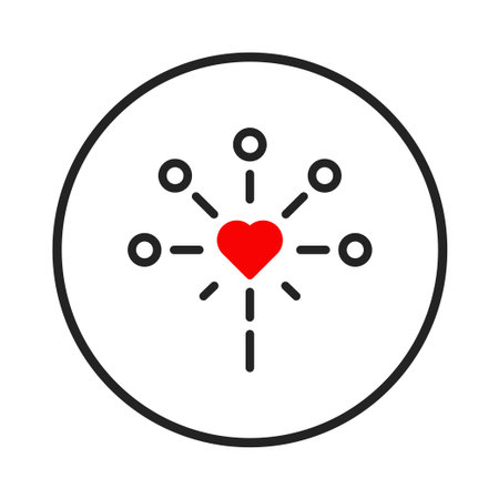This visual features a central red heart, symbolizing love or affection, radiating connections to surrounding points. It represents network, relationships and a centralized point of origin. Perfectのイラスト素材