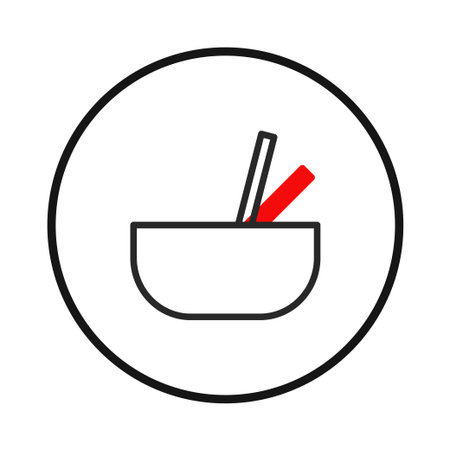 A minimalist illustration featuring a simple bowl with two contrasting sticks. The design is clean and modern, using red, black, and white to create a striking visual element. Ideal for use as aのイラスト素材