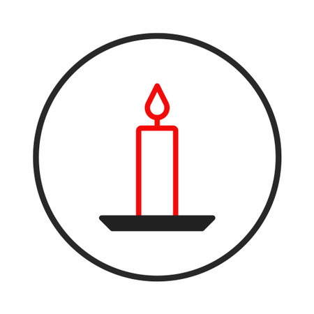 This minimalist graphic features a red candle with a bright flame, set against a white backdrop within a black circle. It embodies simplicity and elegance, evoking feelings of warmth, tranquility,のイラスト素材