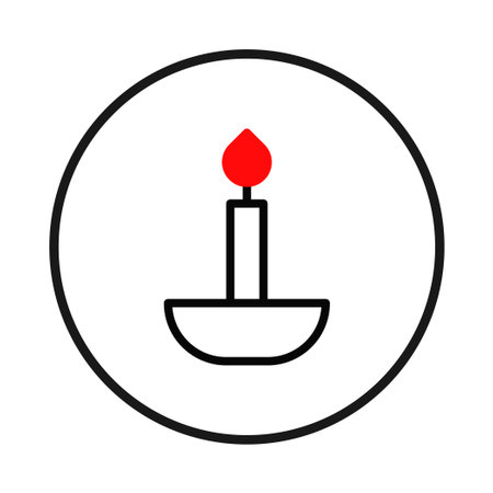 A simple yet elegant icon depicting a single candle with a bright red flame. Set inside a circle, the illustration evokes feelings of peace, warmth, and reflection, making it suitable forのイラスト素材