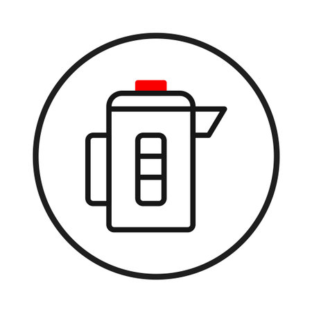 A modern minimalist illustration of an electric kettle outlined in black within a circular frame, topped with a red accent. Ideal for websites and application interfaces needing icons related toのイラスト素材