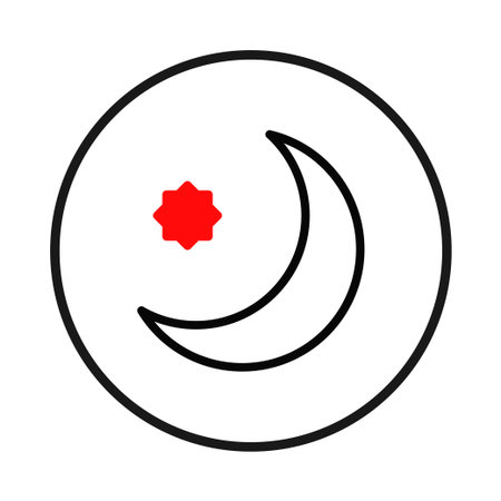 A minimalist illustration shows a crescent moon and an eight-pointed star nested inside a circular border. The design employs simple outlines and shapes, with the star colored red, evoking a senseのイラスト素材