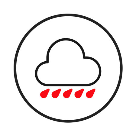 A minimalist icon featuring a simple cloud with stylized raindrops falling below, all encapsulated within a clean circular border. The graphic uses a limited color palette, creating a modern andのイラスト素材