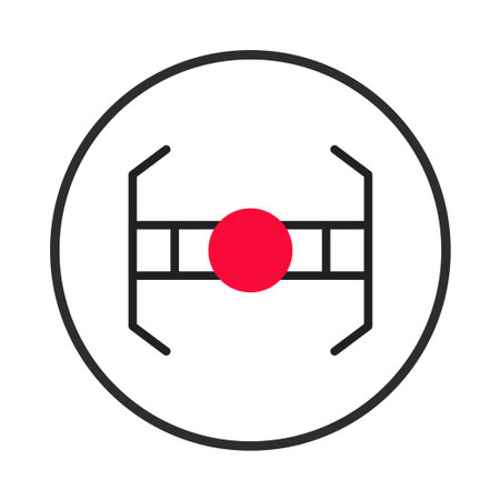 A strikingly simple yet compelling design features a geometric abstraction where symmetrical linear structures converge upon a central red point. The composition is encircled in a minimal outlineのイラスト素材
