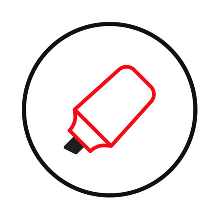 A minimalist graphic illustration features a red marker with a black tip, enclosed within a circular border. The design suggests creativity and highlighting, ideal for educational or business-themedのイラスト素材