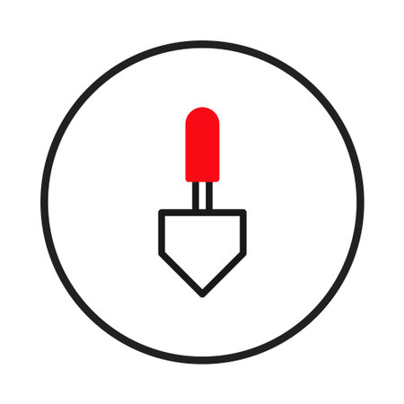 A minimalist icon featuring a red and black arrow pointing downwards, enclosed within a black circle. It represents downloading, direction, or navigation. Its simple design makes it suitable forのイラスト素材