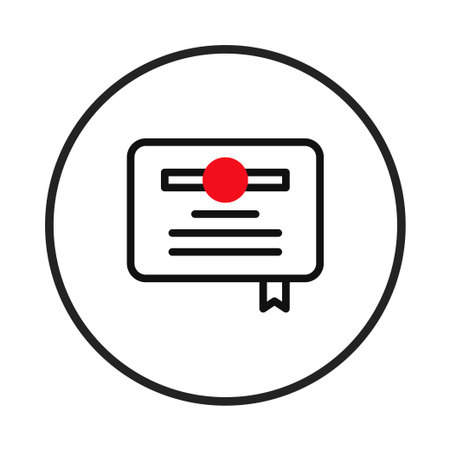 Simple and modern certification emblem featuring a minimalist document with a red seal inside a circular frame representing achievements, accreditation, and professional validation. Suitable forのイラスト素材