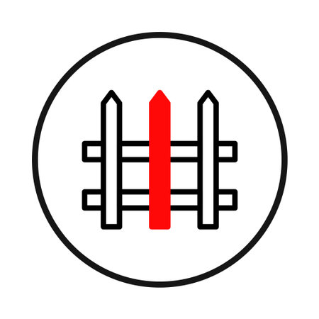 An abstract representation of a fence icon, featuring a picket design highlighted by a vibrant red central stake. The image utilizes clean lines and minimal design within a circular frame,のイラスト素材