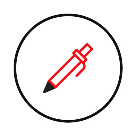 This image shows a simple yet effective red pen icon enclosed within a black circle. The design is clean, minimalist, and ideally suited to represent writing, design, creative ideas, documentation,のイラスト素材