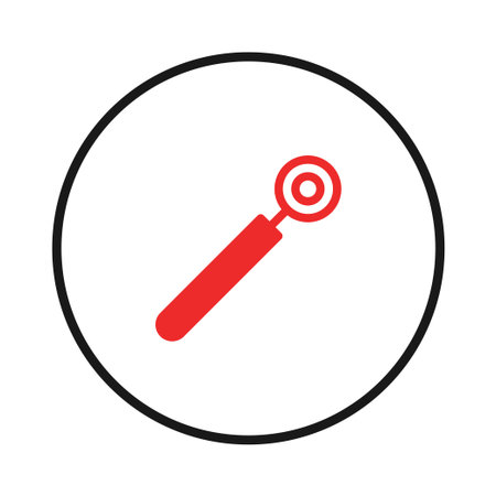 A minimalist graphic emblem showing a red lollipop with rounded edges, enclosed within a circular border. The design emphasizes simplicity and modernity, conveying a playful sweetness through itsのイラスト素材