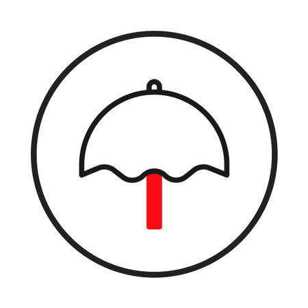 A stylized umbrella icon, featuring a black outline and a red handle, encased in a black circle. This minimalist graphic represents protection, safety, or readiness for adverse weather conditions.のイラスト素材