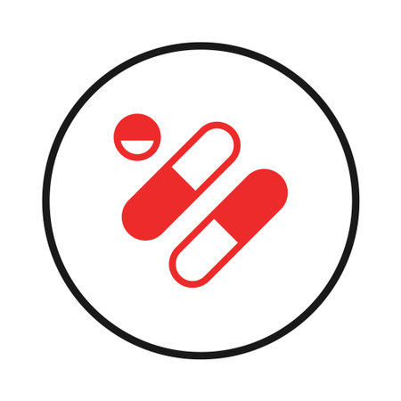 This graphic features a clean and modern symbol representing medication. Two capsules and a pill are arranged in a simple composition within a circle, conveying health, wellness, and pharmaceuticalのイラスト素材