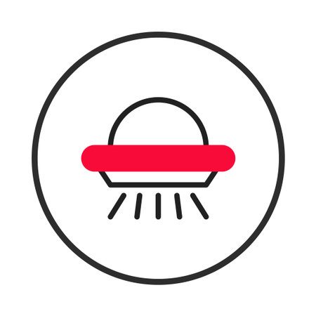 An isolated, minimal illustration of a flying saucer, designed as an icon. The graphic features a red, flat band with descending lines representing light, set inside a circled frame. This conciseのイラスト素材