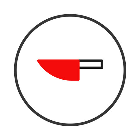 A minimalist icon of a knife with a red blade and black handle, encapsulated within a black circle. The image conveys precision, sharpness, and the essential nature of kitchen equipment in culinaryのイラスト素材