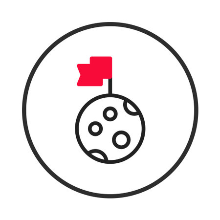 This image portrays a minimalist icon of a moon with a flag planted on its surface. It represents ambition, space exploration, and the quest for new frontiers and reaching beyond earthly limits. Itのイラスト素材