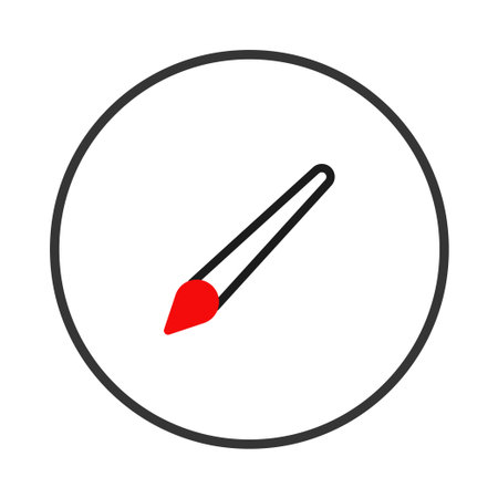 A simple illustration depicts a paintbrush with a red tip, suggesting artistry and creation. Encased within a black circular frame, it could represent a tool for design, creative applications, orのイラスト素材